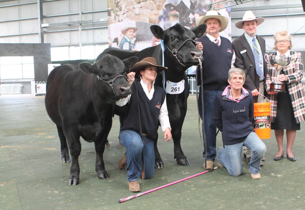 ANGUS TRIFECTA: Pine Creek represenatives, PC MIss E99 Foreman and her calf, with Joy Potter, Royal Agricultural Show of Victoria (RASV) director and International Products Jason Sutherland.