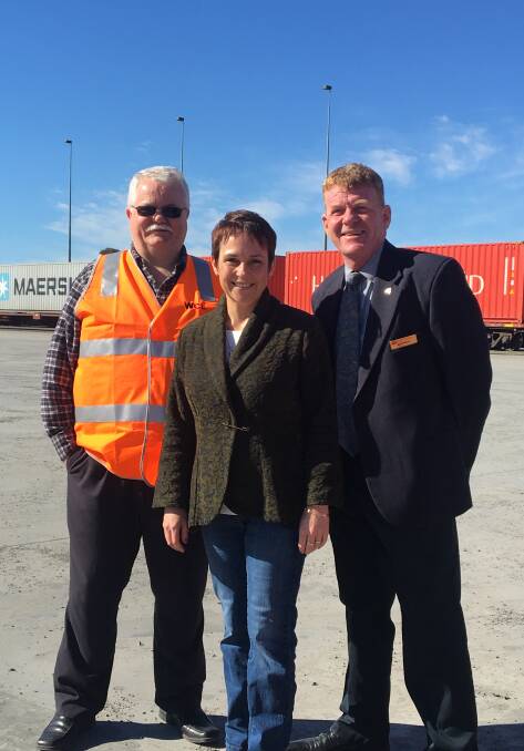 NEW FUNDING:  Wimmera Intermodal Freight Terminal's Tim Guidera, Agriculture minister Jaala Pulford and Horsham Rural City Council's Mark Radford.