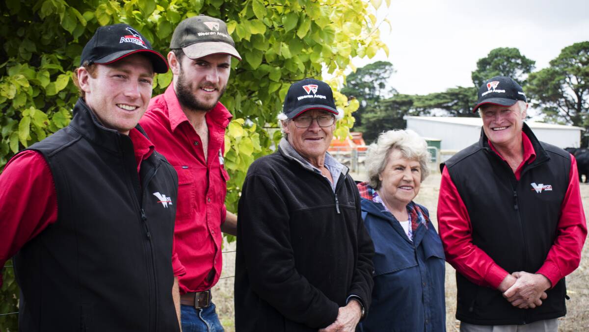 WEERAN principal Alec Moore has been at the helm of a lot of changes recently. The Byaduk-based stud has introduced a new battery of mostly Australian-bred Angus sires, which he describes as having a moderate frame but bigger-capacity body. He is pictured right with farm hands Tim Wright, Byaduk, and Tom French, Byaduk, and long time Weeran clients Bob and Barbara Burgin, Burnbrae, Hamilton.