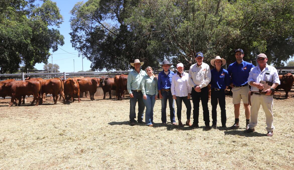 Frame Rural's Beau Frame and Catelyn Russell, Elite Livestock Auction's Bridget Madigan and Jordy Wilson, vendor Rob Close, Josh Grant, Simon Close, and Australian Topstock's James Lilburne, and some of the Senegus bulls sold. Picture: Sally Gall