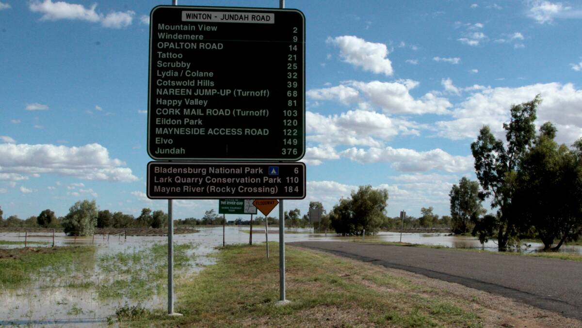 Overflow: The southern approaches to Winton were cut over the weekend as water from storms north east of the town made its way towards the Diamantina. Picture: Sally Cripps.
