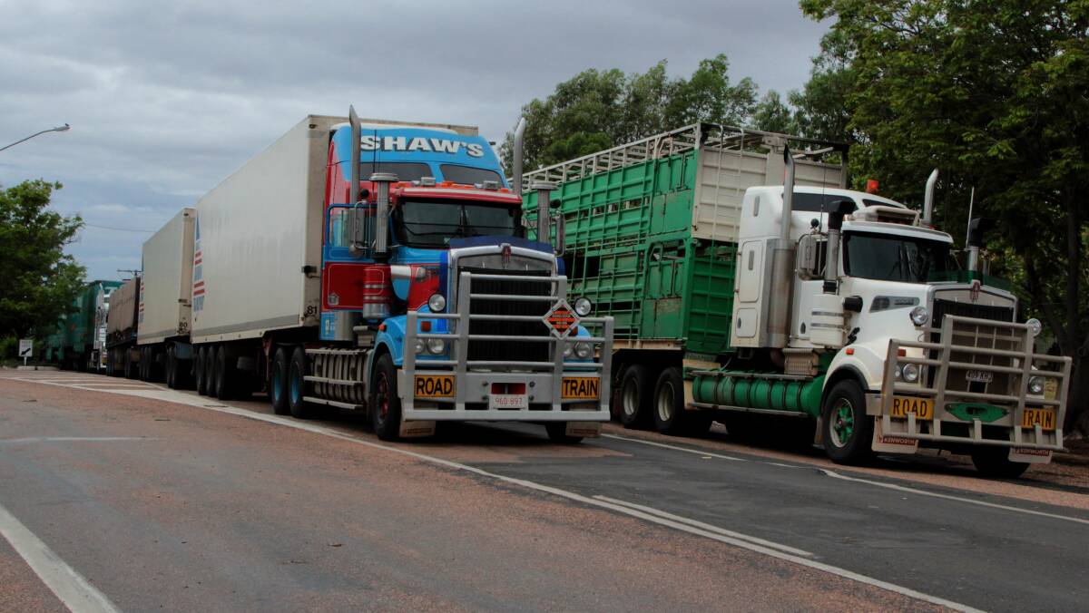 Road trains waiting at Barcaldine for the Landsborough Highway to open after flooding.