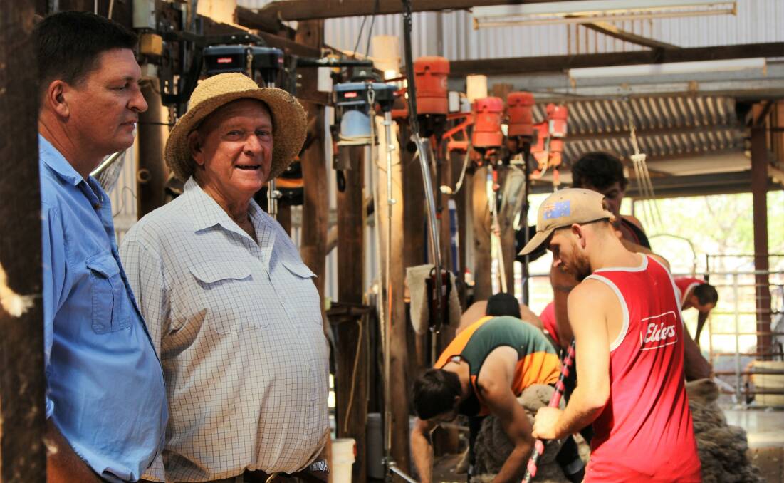 Schute Bell Longreach representative, Paul Grams, was on the board with Bill Chandler when Bungy Ross's shearing team started its first run at the Hillalong shearing shed east of Barcaldine on Monday morning.