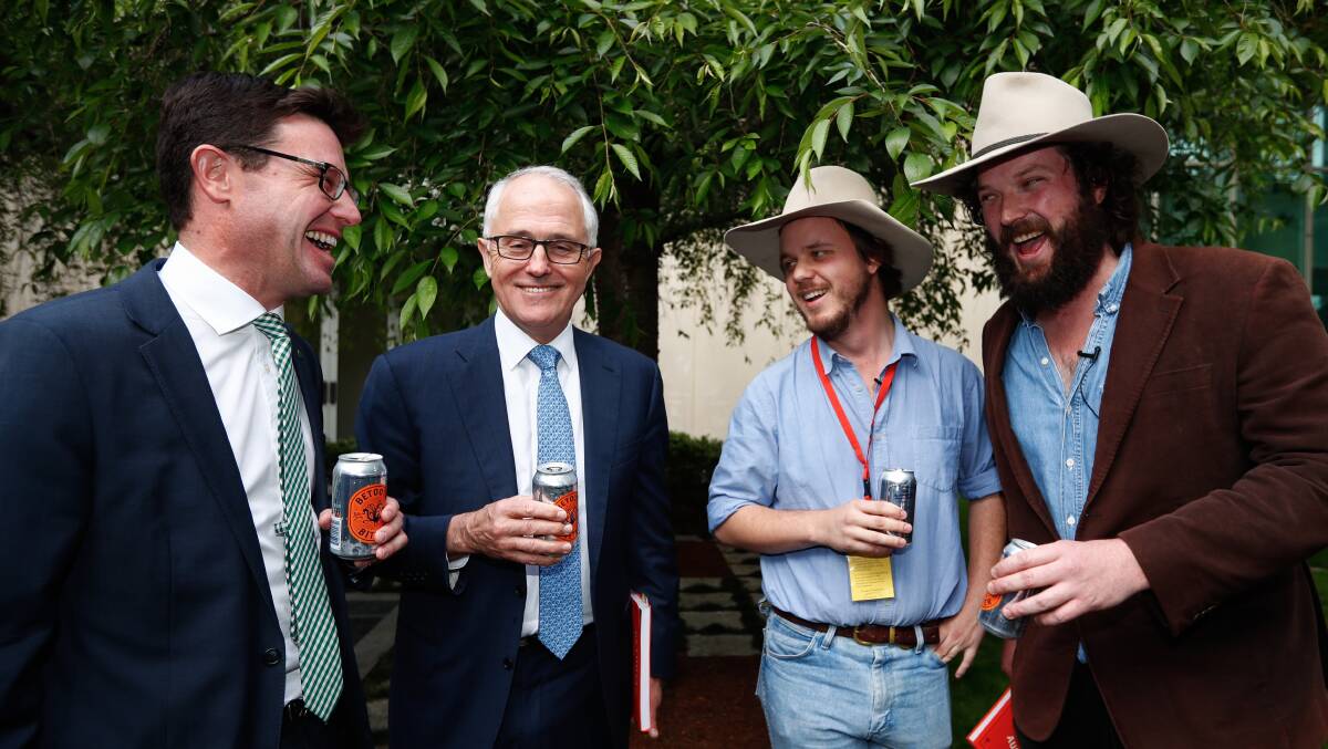 David Littleproud, at left, with the Prime Minister Malcolm Turnbull and the boys from the Betoota Advocate.