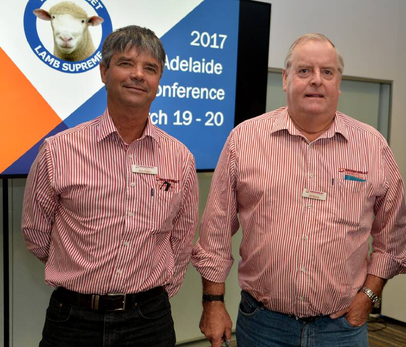 Sheepmeat Council vice president Allan Piggott and president Jeff Murray during the Australian Poll Dorset Association national conference in Adelaide. 