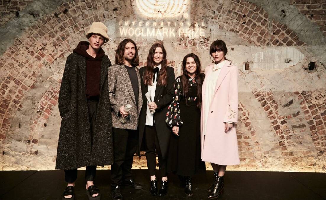2016/17 International Woolmark Prize Australia & New Zealand regional final winners Lukas Vincent of Exinfinitas (second from left) with model (far left) with Beth and Tessa MacGraw of macgraw and model (far right).