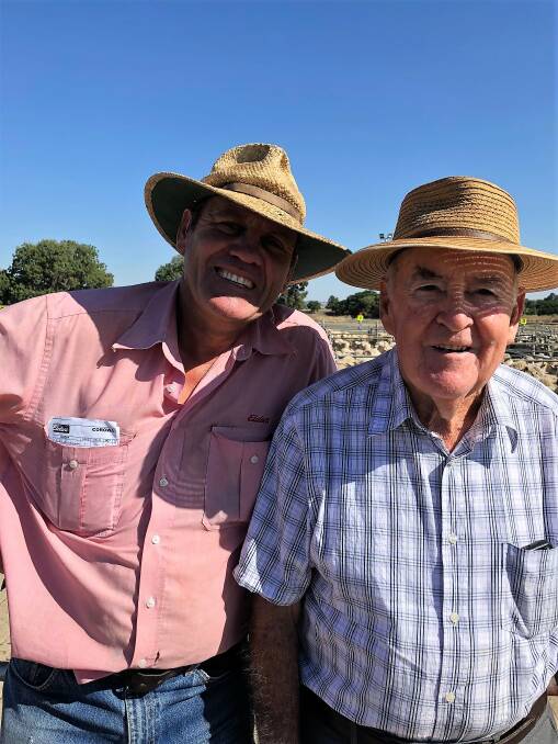 Steve Grantham from Elders Limited Corowa with Les Pearce from Norong who sold shorn lambs for $174.60. There was a yarding of 5726 lambs at Corowa, which saw fewer finished trade and export lambs.