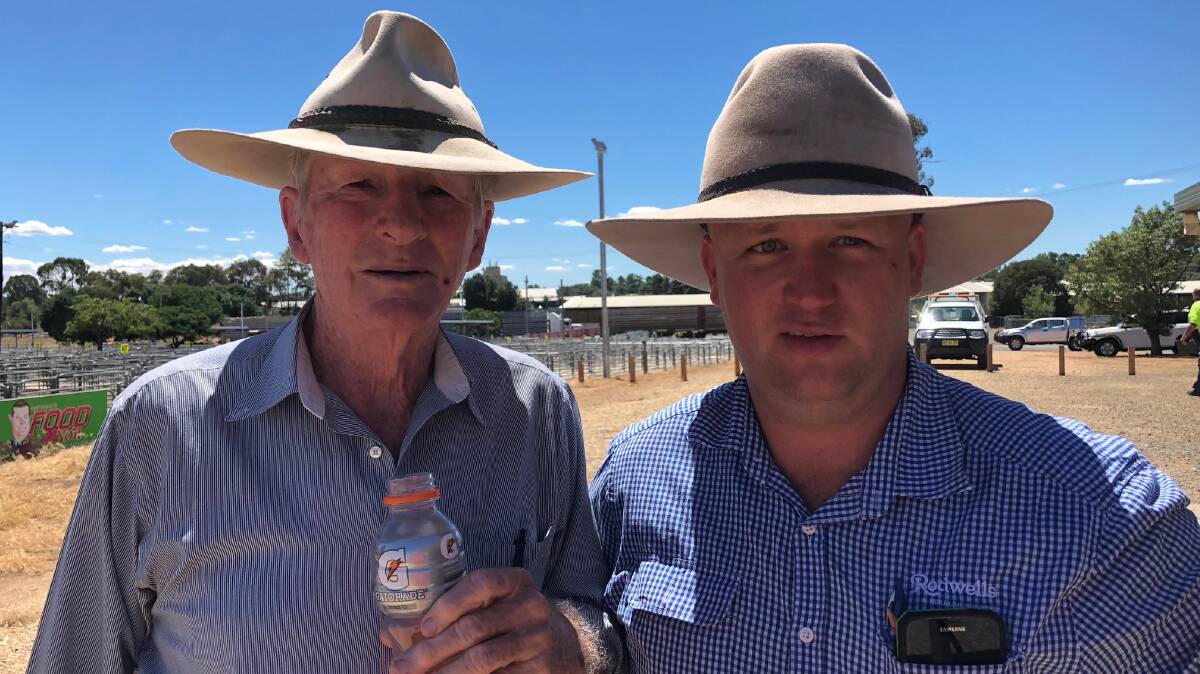 GOOD RESULTS: John Curtis with Adam Roberts of Rodwells Corowa discussing the market in Corowa on Monday especially after rain in the north boosted the mutton market.