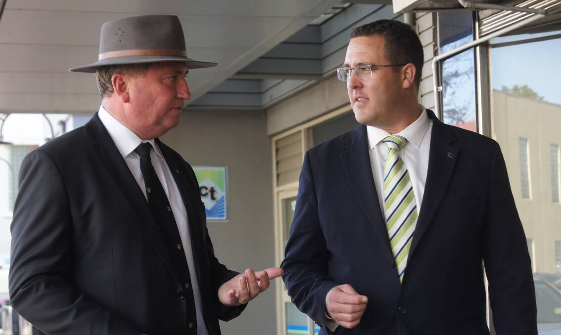 Nationals leader Barnaby Joyce and his party's Indi candidate Marty Corboy in Wangaratta this week in north-east Victoria, on the election campaign trail.