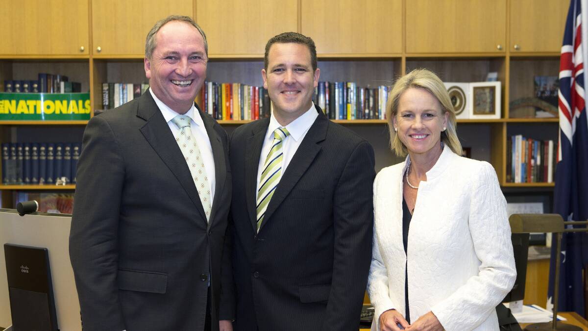 Nationals candidate for Indi Marty Corboy (centre) with federal Nationals leader Barnaby Joyce and deputy leader Fiona Nash.