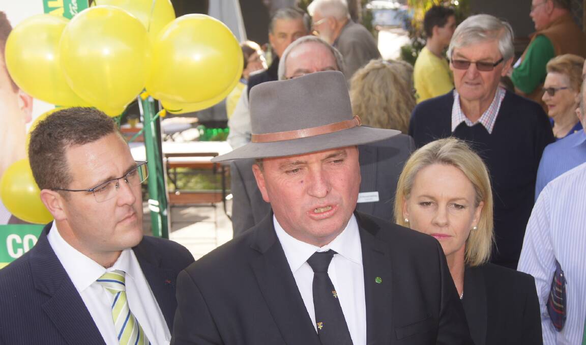 Nationals' Indi candidate Marty Corboy (left), leader Barnaby Joyce and deputy-leader Fiona Nash face media on Tuesday, in Wangaratta.