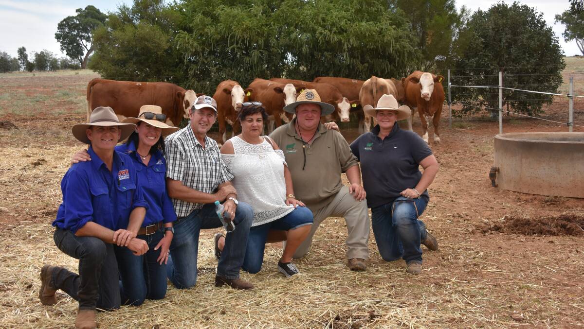 Purchasers of the top-priced bull and volume buyers of heifers Trevor and Tracey Wells, "Riverbrook", Singleton, NSW, flanked by vendors John and Nicole Hopkins, Wormbete, and Stuart and Samantha Moeck, Valley Creek.