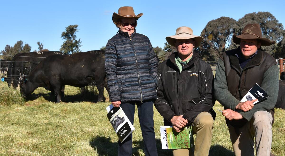 Long term supporter Betty Roche, "Arden", Adelong who purchased equal second top price bull Milwillah Complement L120 with James Croker, Landmark Wagga, who purchased 27 bulls on behalf of volume purchased Hale River Cattle Co, "Napperby", Alice Springs with Will Caldwell.