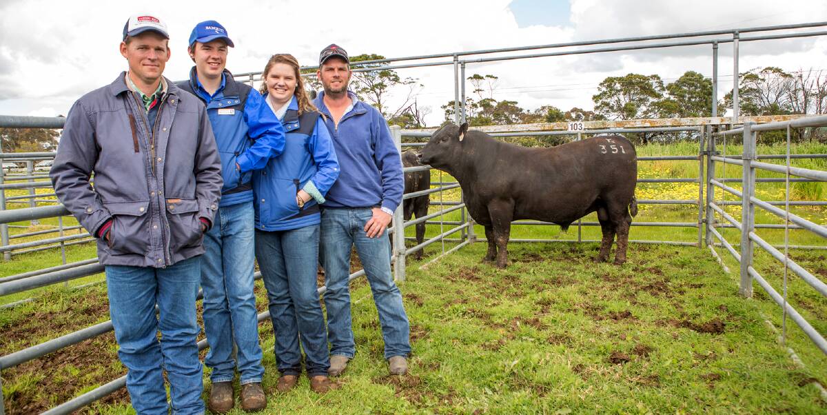 Brothers: Alistair James (l) and Ian James (r), A7 Farms, Casterton with Banquet’s Hamish and Dianna Branson and the $15,000 top-priced bull, Banquet Khancoban purchased at the Angus Spring Bull Sale. Picture: Supplied