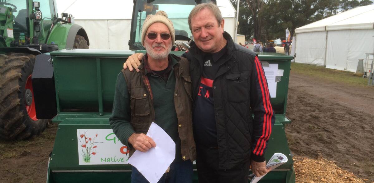 Slashing time and labour: Chatsworth native-seed sewer David Franklin with Sheepvention special guest Kevin Sheedy. Photo: Supplied.