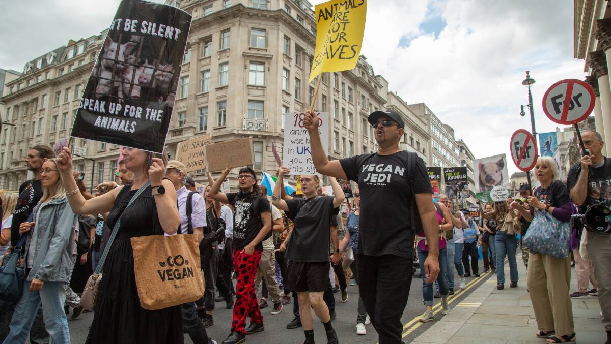 Vegan protesters take to the streets in London on August 26, 2023. Picture via Shutterstock 
