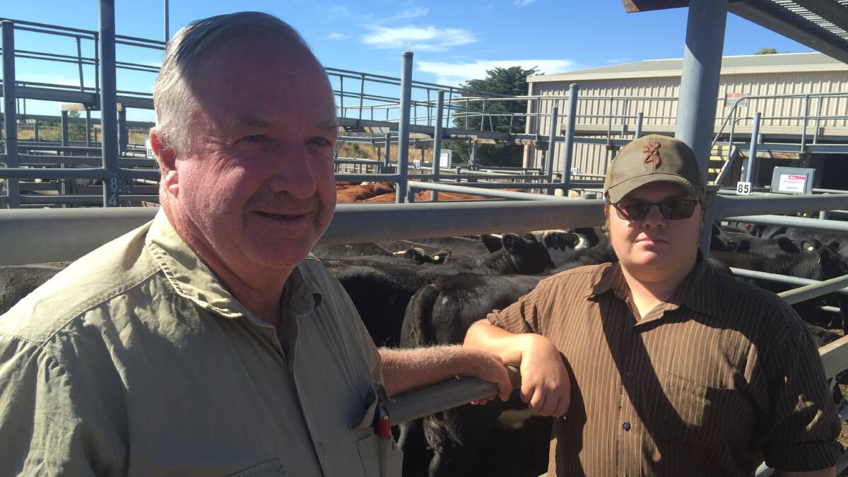 Lindsay McPherson, Ravenswood, and Matt Casey from Canada at the Kyneton store cattle sale on Wednesday.