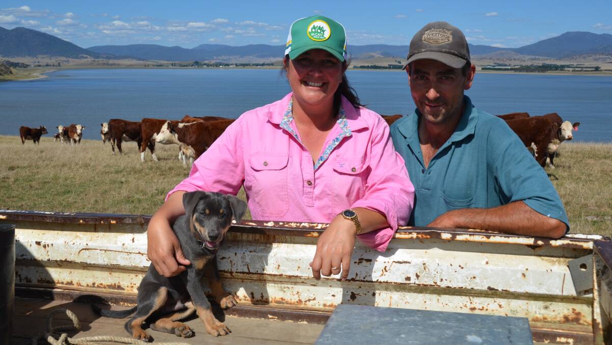 Amanda and John Pendergast, Benambra, with a pup on their high country property. Picture by Bryce Eishold
