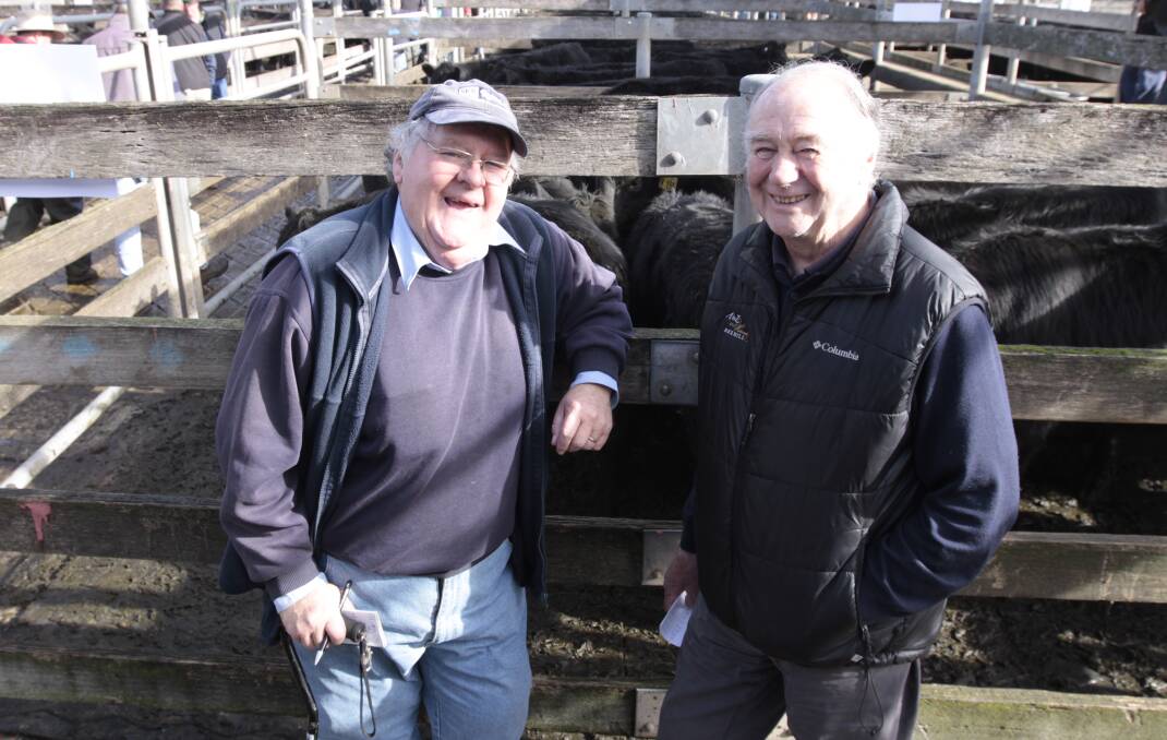 Tom Robertson, right, Hawkesdale, and Saffin Kerr Bowen Rodwells agent Ross Bowen. Mr Robertson sold 786 cattle, averaging $1086 each. 
