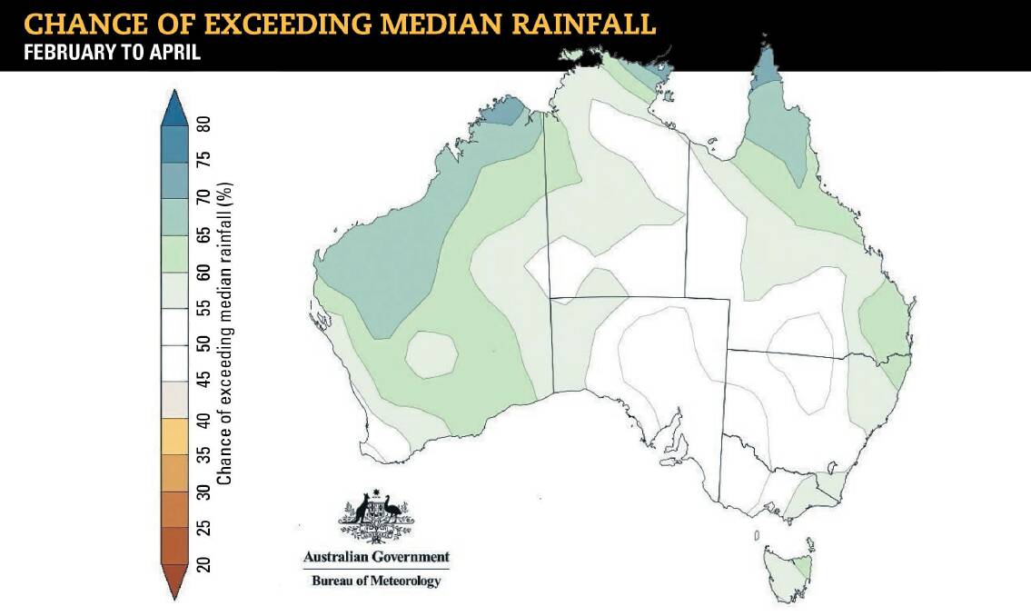 There is a 50 - 50 chance of higher than average rain in inland eastern farming regions. Image reproduced with permission of the Bureau of Meteorology. 