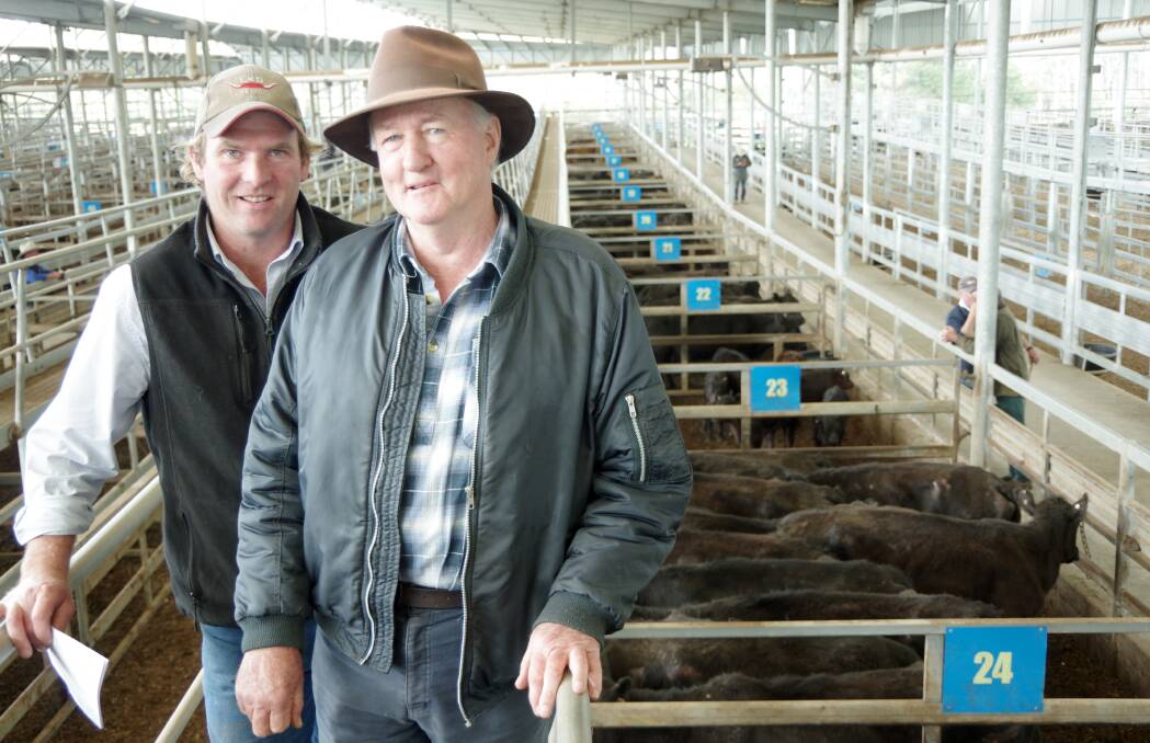 James Kyle, SEJ, with David Hall, Foster and Fish Creek, who bought this draft of Angus cows and calves for $1580 at Leongatha last week. Photo by Jeanette Severs