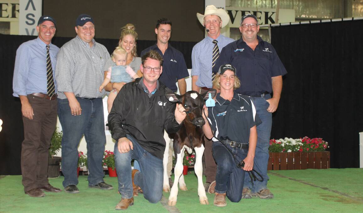 Celebrating the record breaking heifer sale are Scott Lord, Dairy Livestock Services; buyer Dan Carroll, Sexing Technologies, Texas; vendors Ellie, baby Eva and Declan Patten and Callum Moscript; Brian Leslie, DLS; Mark Patullo, World Wide Sires, and handler Charlie Lloyd.