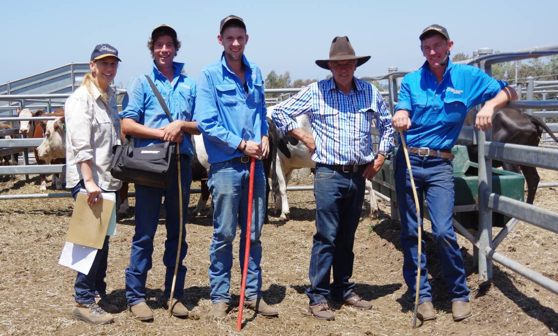 The Sharp Fullgrabe livestock team Kylie Smith, Tom Howden, Jake Williams, Graeme Fullgrabe and Mick O'Callaghan at Bairnsdale. 