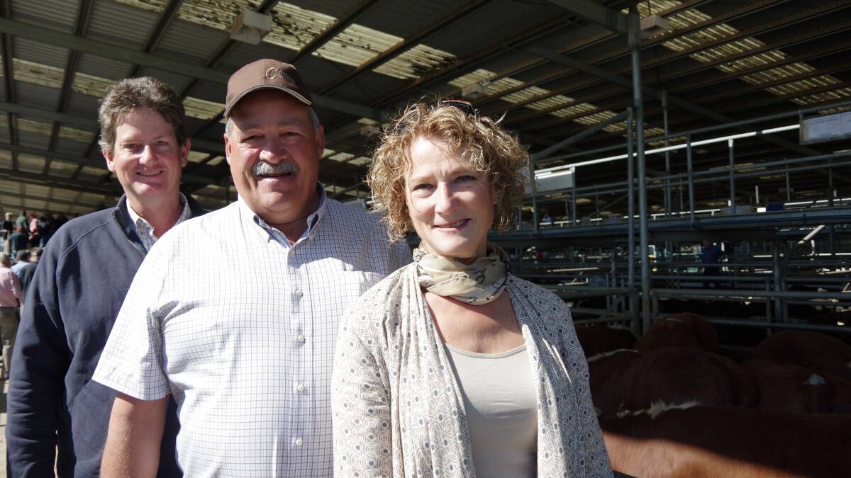 Peter Sykes, Mawarra Hereford stud, brought Canadian visitors to the Bairnsdale store cattle sale on Friday - Brad and Tammy Corbiell from Corbiell Herefords, Cluny, Alberta, Canada.