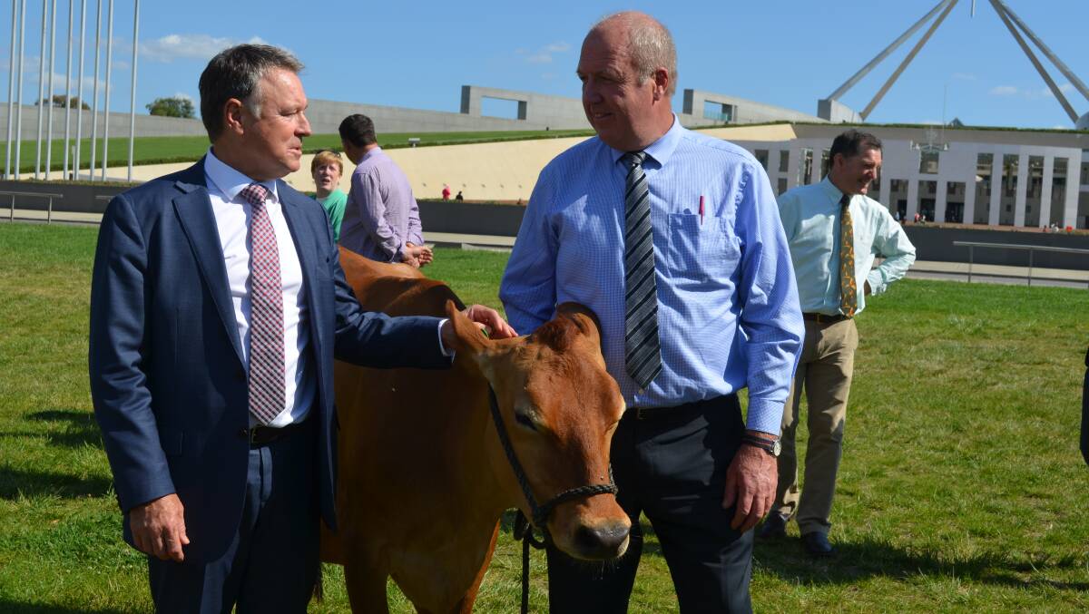 Joel Fitzgibbon and Noel Campbell chat about all things dairy on the lawn in front of Parliament house.