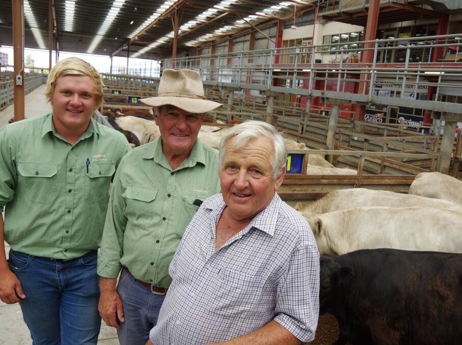 Landmark Livestock Leongatha agents Jack Ginnane and Eddie Hams with John Mitchell, Leongatha, who bought the two top priced pens of steers.