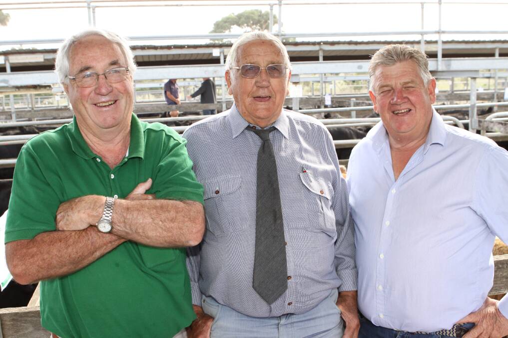 Three wise men: Landmark Hamilton agent Robert Lovell, Jack Brice of Heywood and  Bruce Redpath were putting their combined 160 plus years of livestock selling experience to use at the March store cattle sale at Warrnambool.
