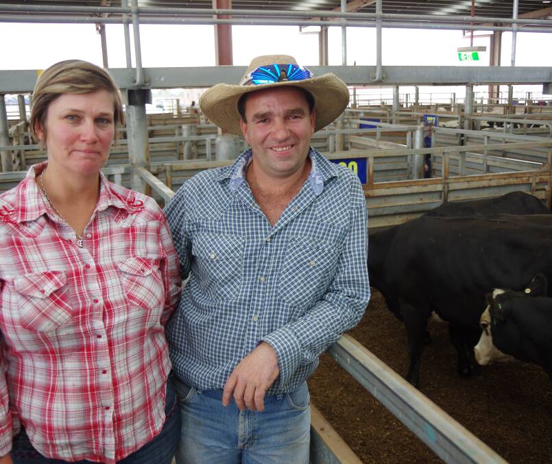 Penny Webb and husband, Wesley Nyora, bought this pen of Black Baldy cows, PTIC to a Charolais bull, $1620, at Pakenham on Friday; vendor Jess Turra, Buchan.