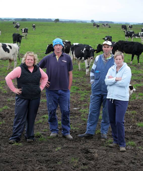 At the crossroads: Nullawaree dairyfarmers Mandy and Glenn Dalton, Jason Burleigh and Leesa Bryce are all unhappy about the reduction in prices for their milk. Photo: Rob Gunstone