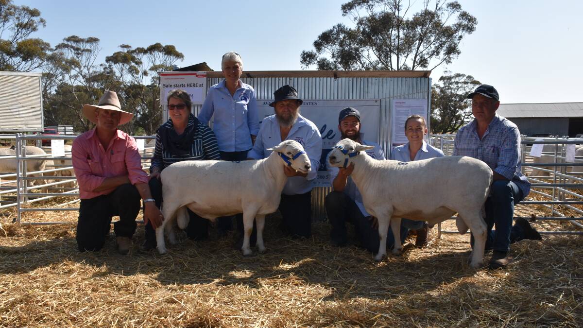 Martin Williams, Elders, Remah Australian White stud co-principal Jenny Blohm, Di, Nip, Ben and Sheena Rowney, Gamadale, and Geoff Blohm, Remah, with their two stud rams that were purchased at the sale.