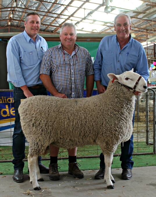 2015 SALE-TOPPER: Michael Capes, Wyndham Livestock, Bairnsdale, with last year's top-priced buyer, Garry Davidson, Lucas Creek, Bairnsdale,and Ian Baker, Geraldine.