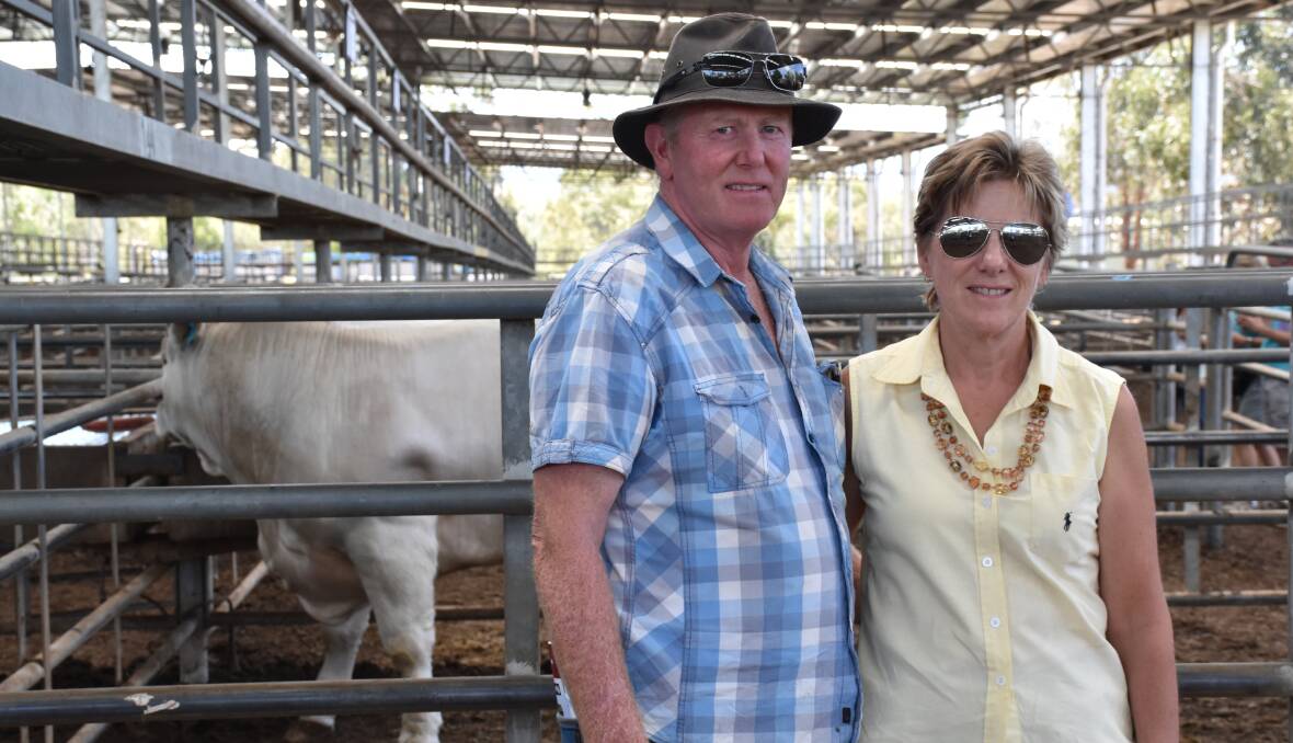 TOP BULL: Greg and Jeanette McGrath, Sinclair Charolais, Jeetho, purchased Lot 1, one of the three top-priced bulls of the sale.