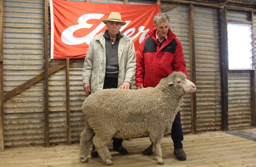 Doug Todd, Ninuenook, and Elders St Arnaud sheep classer Glendon Hancock, with the top-priced ram.