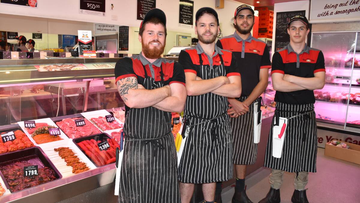 Callum Clancy, Lucas Cahill, Chris Hood, and Ben Vandenberghe, work at Homestyle Gourmet Butchers in Bairnsdale, where business has been impacted during the region's dry times.