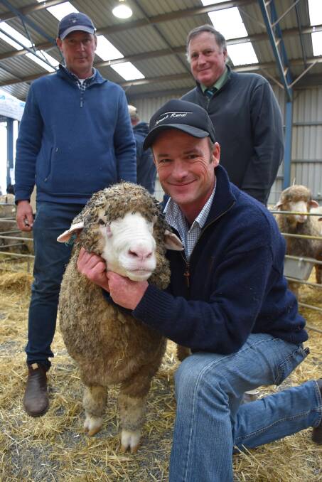 One Oak Merinos stud principal Alistair Wells, sold this ram to Ioness Poll Merinos stud principal Rob Coutts, at Sheepvention earlier this year, pictured with Landmark stud stock specialist Stephen Chalmers.