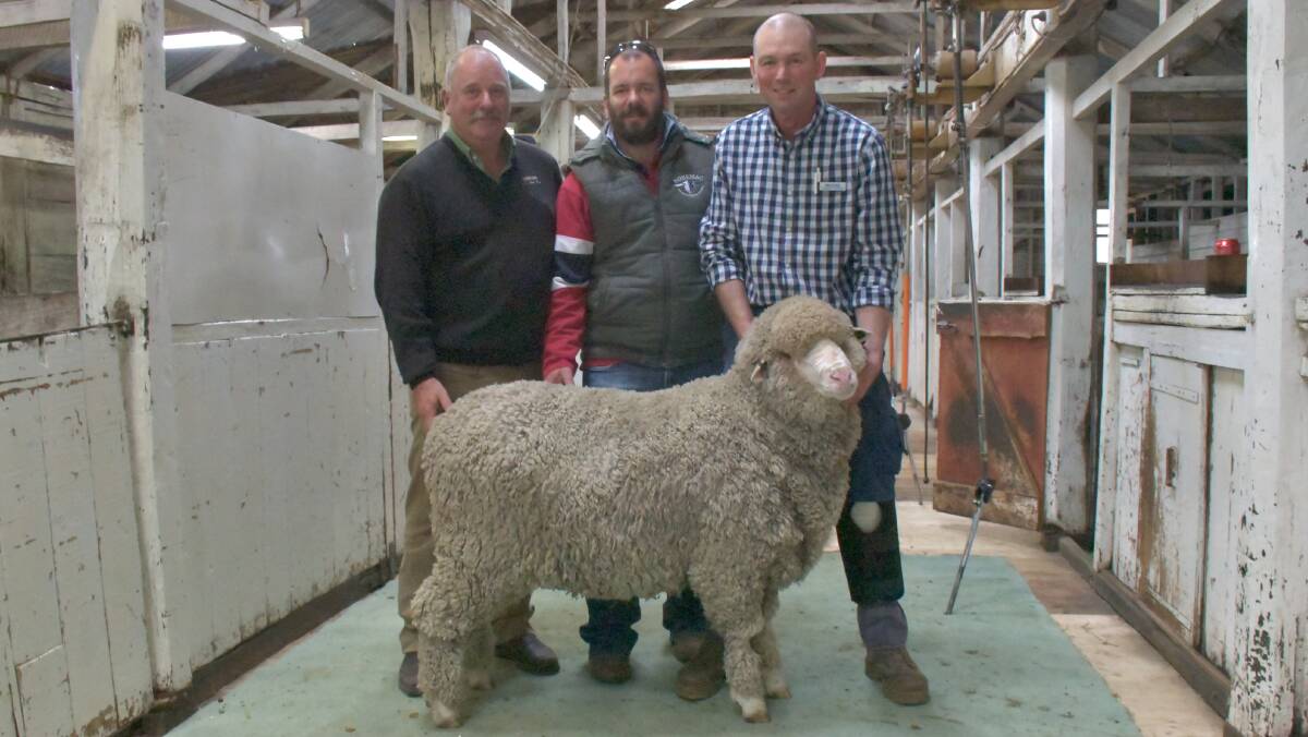 SECOND TOP: Kevin Beaton, Landmark Hamilton, Dean Cameron, Noremac White Suffolk and Suffolk stud, Balmoral, and Melrose stud co-principal Warren Russell, with the second top-priced ram.