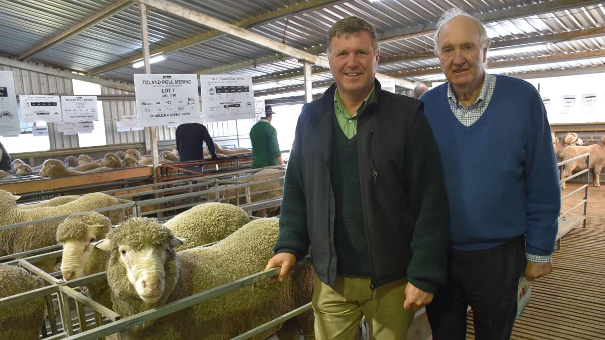 Landmark Euroa manager Russell Mawsom assisted Alan Plunkett, 'White Gate', Avenel, with his purchase of 12 rams at the sale.