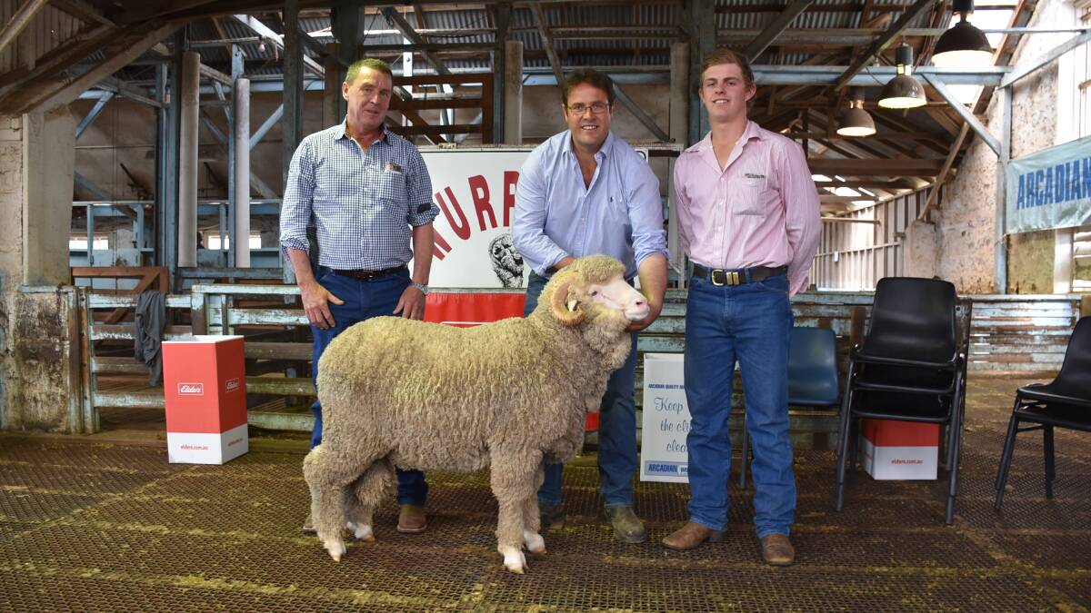 Top-priced buyers Mark and Jake Pilley, 'Ullamalla', Mudgee, NSW, with Wurrook stud principal Paul Walton (middle).