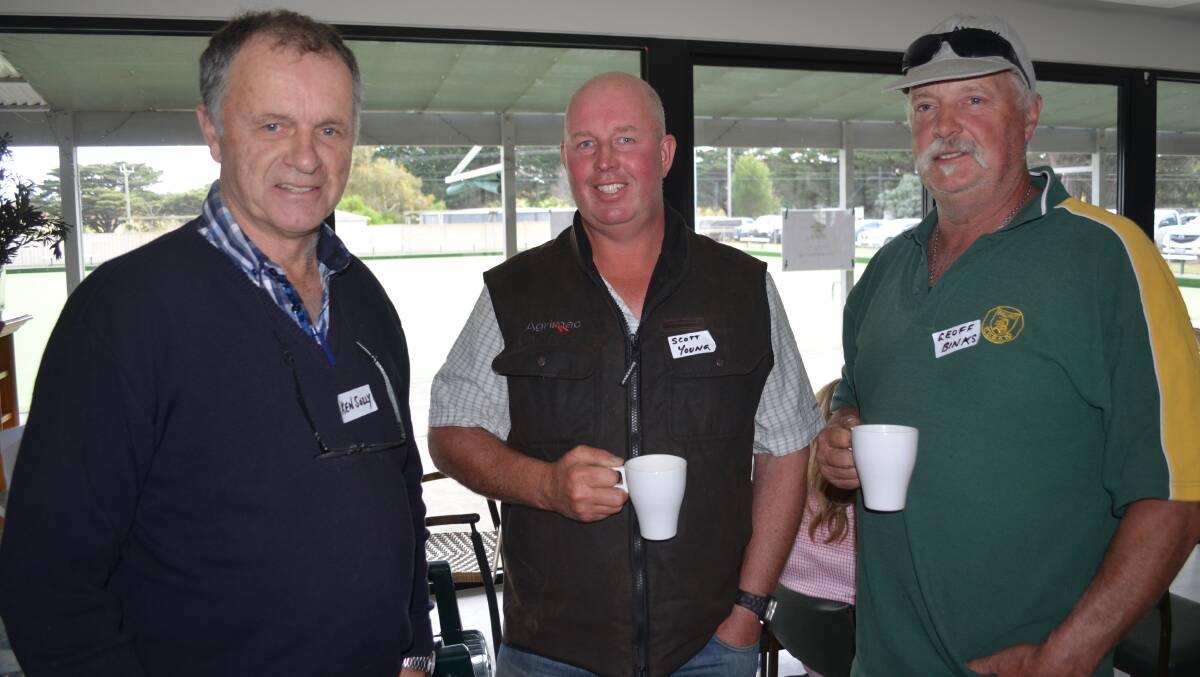 Consultant and speaker at the Achieve Ag Solutions forum at Inverleigh, Ken Solly, with Scott Young, 'Fernleigh Park', Ballan, and Geoff Binks, Ballan.