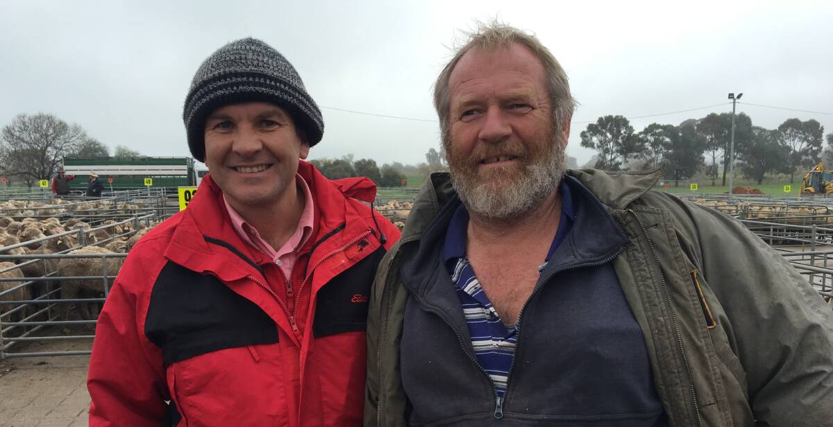 GOOD DAY: Elders agent Scott Parker at Corowa with Daysdale's Rob Macartney after he sold 100 merino lambs to a top price of $128.