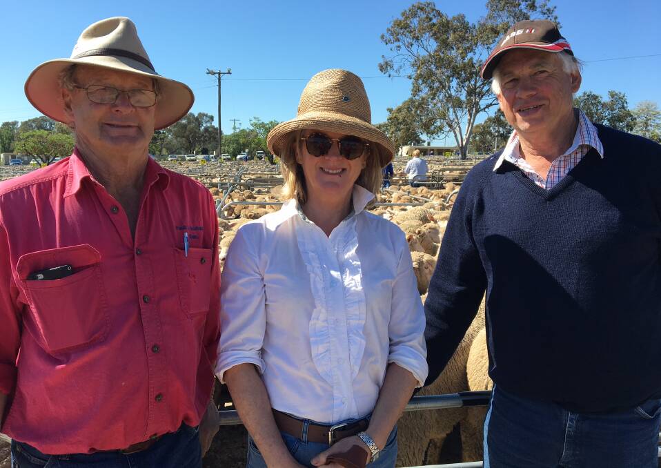 TO MARKET: Paull & Scollard's Sam McCulloch with Robina and Jamie Maconochie from Wymah Valley, who sold 251 new season lambs to a top of $189.00 at Corowa. Overall, lamb numbers remained steady and quality was good. 