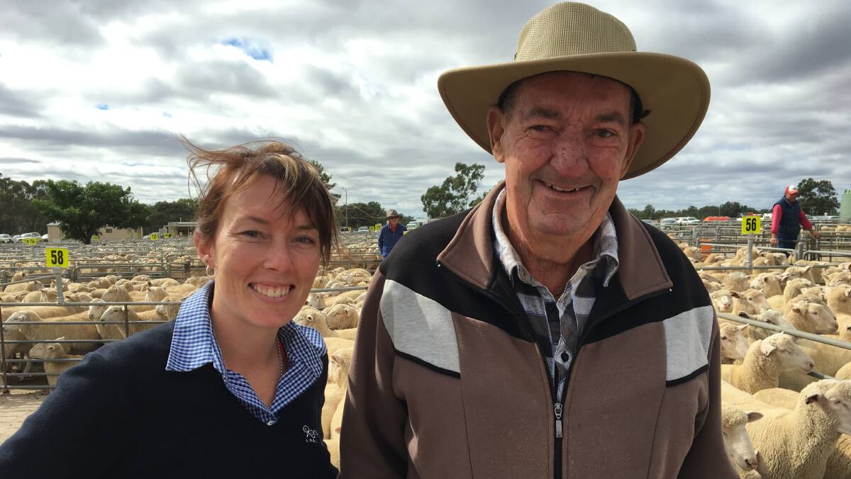 SOLD: Rodwells Wangaratta's Georgia Nankervis with Denis O'Donoghue from Crumplehorn Park, Wahgunyah who sold 126 shorn dorset lambs for $180.20 at Corowa. Lamb numbers there were well down this week.   