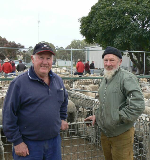 CATCH UP: Walpeup's Kevin Grayling and Frank Stone from Torrita attended last week's market at Ouyen, where 4906 lambs and 1873 were on sale. 