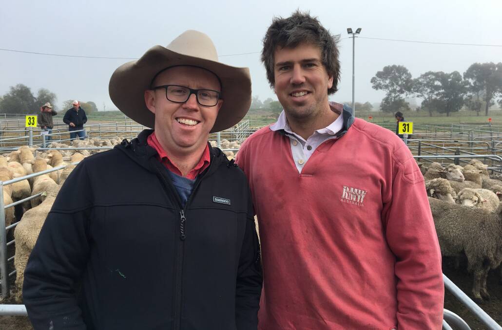 SOLD: Tim Robinson from Paull & Scollard Albury with producer Ben Schilg from Walbundrie, who sold 68 Merino lambs for $183.20 at Corowa. Numbers there were down significantly and quality was reduced compared to last week. 