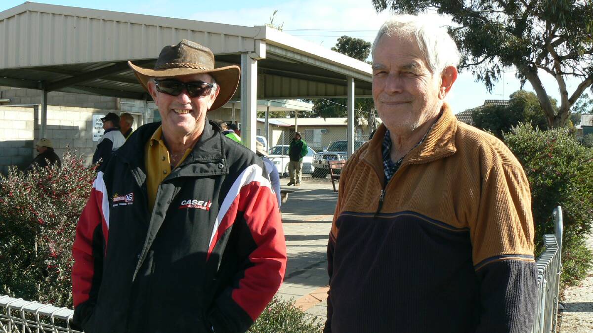 TO MARKET: Attending Ouyen's sale were regular vendors Kevin Brown and Fred Latta. Lamb prices held up well considering the large numbers available to buyers. 