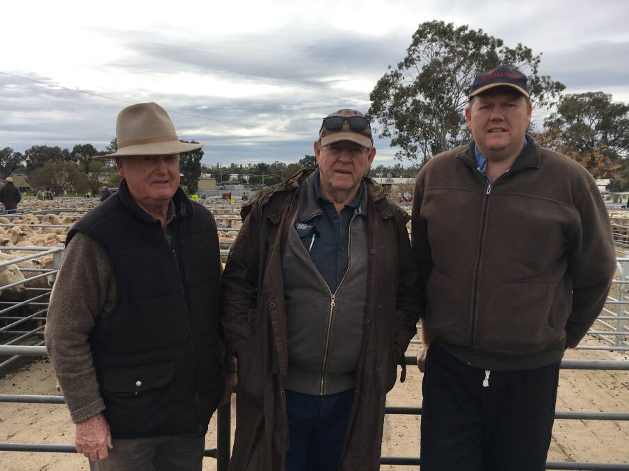 SOLD: Peter Mellington with Burrumbuttock producers Ken and Warren Hall, who sold 200 trade lambs at Corowa for $157.50. Trade lambs fetched $115-$169 at the opening New South Wales market on Monday. 